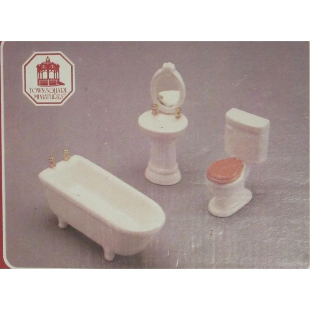 Town Square Miniatures Porcelain Bathroom Set Wht 4pc Bathtub Sink Toilet Mirror